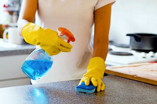 Cleaninghouse staff following safe cleaning procedures in a work environment