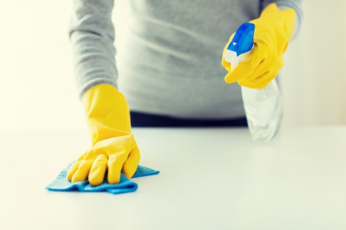 Professional team cleaning floors and skirting boards after builders have finished